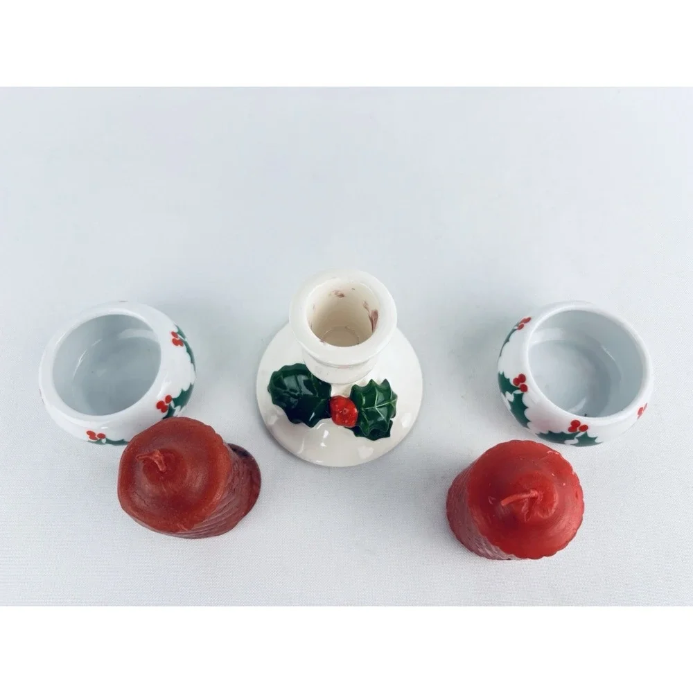 Vintage Holly Ivy‎ Taper Candlestick Holders Christmas Decor - Lot Of 3 -